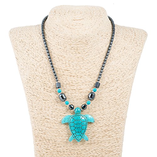 BlueRica Large Turquoise Sea Turtle on Hematite Beads Necklace2
