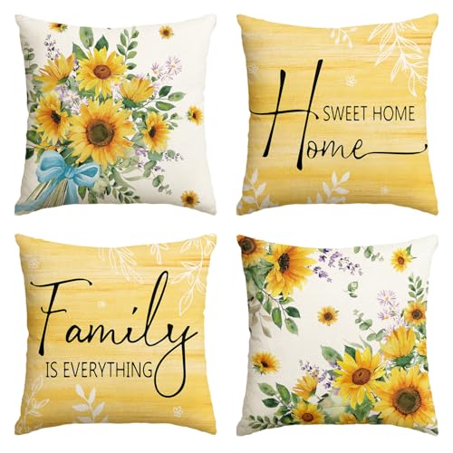 AVOIN colorlife Summer Home Sweet Home Sunflower Throw Pillow Covers 18 x 18 Inch Family is Everything Eucalyptus Leaves Cushion Case Decoration for Sofa Couch Holiday Seasonal Home Decor Set of 4