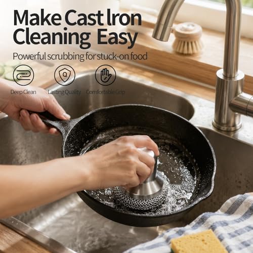 Image of Cast Iron Scrubber and Scraper, 316 Chain Mail Scrubber for Cleaning Dishes, Stock Pots,Black, 1 Count ((Small Chainmail,2pcs))