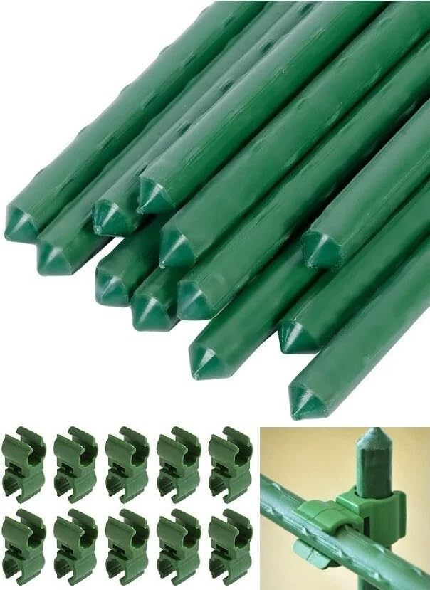 Muddy Hands Garden Plant Stakes with Clips, Green, Plastic Coated Metal, 0.9m-1.8m, Climbing Plant Support (1.8m x 16mm)