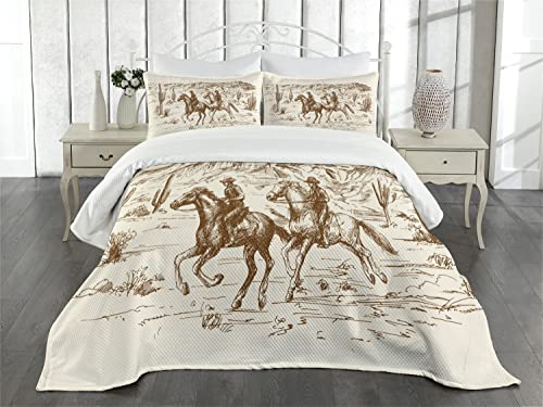 Lunarable Western Bedspread, Country Theme Hand Drawn Illustration Of American Wild West Desert With Cowboys, Decorative Quilted 3 Piece Coverlet Set With 2 Pillow Shams, Queen Size, Umber Cream #TOP1