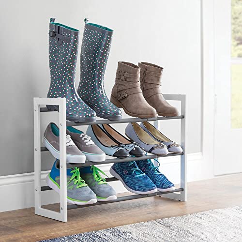 Mdesign Metal 3 Tier Adjustable/Expandable Shoe And Boot Storage Organizer Rack - Space-Saving, Angled Vertical Storage - Closet, Entryway, Mudroom, Bedroom, Garage - White/Gray #TOP3