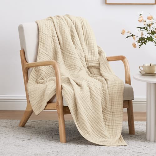 Image of Love's cabin 100% Cotton Muslin Blanket, 6 Layer Lightweight Breathable Gauze Throw Blanket 50 x 60 Inches, Soft All Season Blanket for Couch, Bed, Sofa, Beige