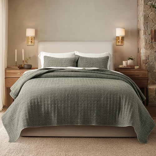 EverGrace King Waffle Cotton Quilt Set Olive Green