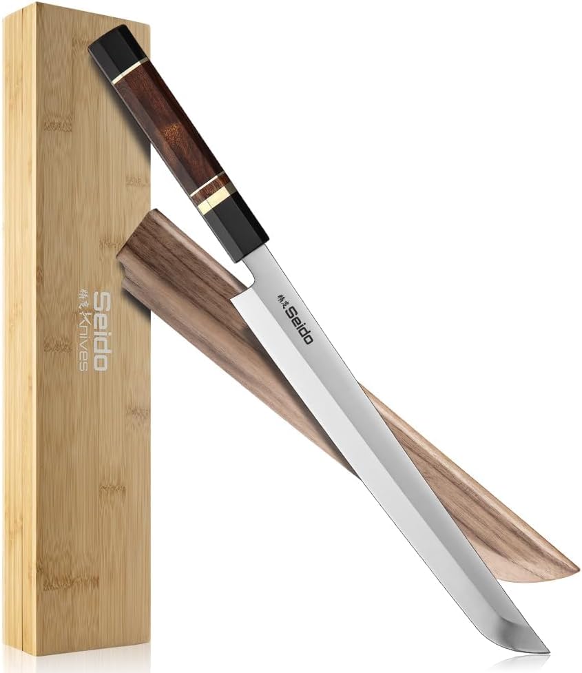 Seido Knives Sakimaru Takohiki 10" Rosewood and Ebony Buffalo Horn Unique Design Octagonal Shape Handle - with Magnetic Saya Sheath Knife Cover Made