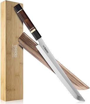 Seido Knives Sakimaru Takohiki 10" Rosewood and Ebony Buffalo Horn Unique Design Octagonal Shape Handle - with Magnetic Saya Sheath Knife Cover Made