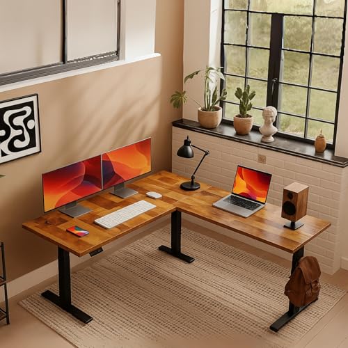 Image of TEKAVO HAD L Shaped Height Adjustable Solid Wood IWorkstation |Home & Office | L Shape Study Table with Spacious Desktop I DIY Assembly (Natural Wooden)