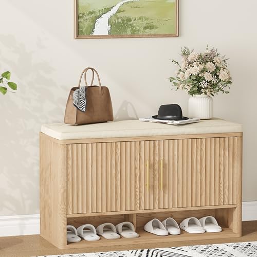 Zeibospri Fluted Shoe Storage Bench with Cushion, Entryway Bench with Adjustable Shelves and Open...