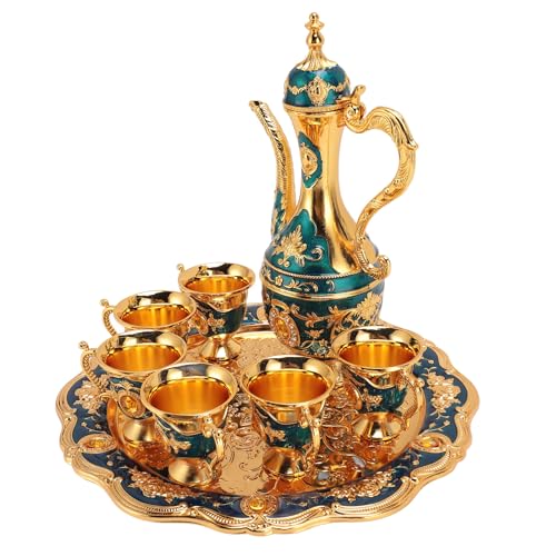 Vintage Turkish Coffee Pot Set, Vintage Teapot Set with 6 Coffee Cups Turkish Coffee Cup Set Metal Turkish Tea Set European Wine Pot Kit Wine Decanter and Glasses Set for Tea Party(A)