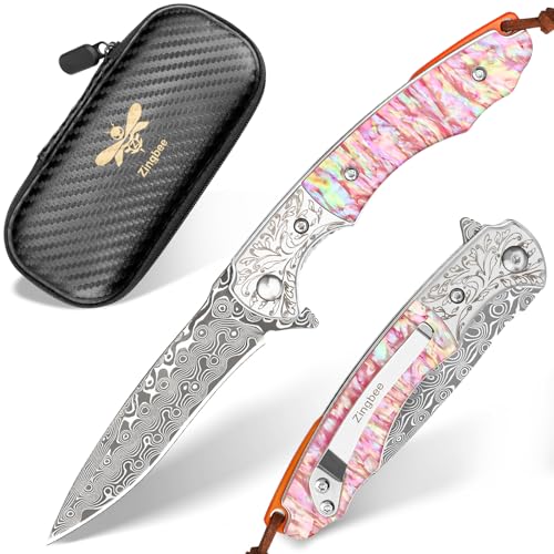 Zingbee Damascus Pocket Knife Abalone Shell Handle EDC Folding Knife DMLRC