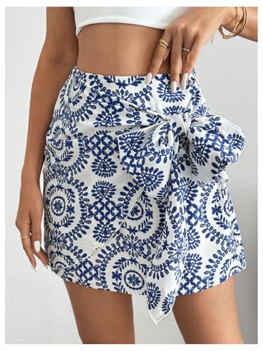 WDIRARA Women's Allover Print Knot Side High Waist Wrap Skirt Zipper Back Boho Mini Skirt4