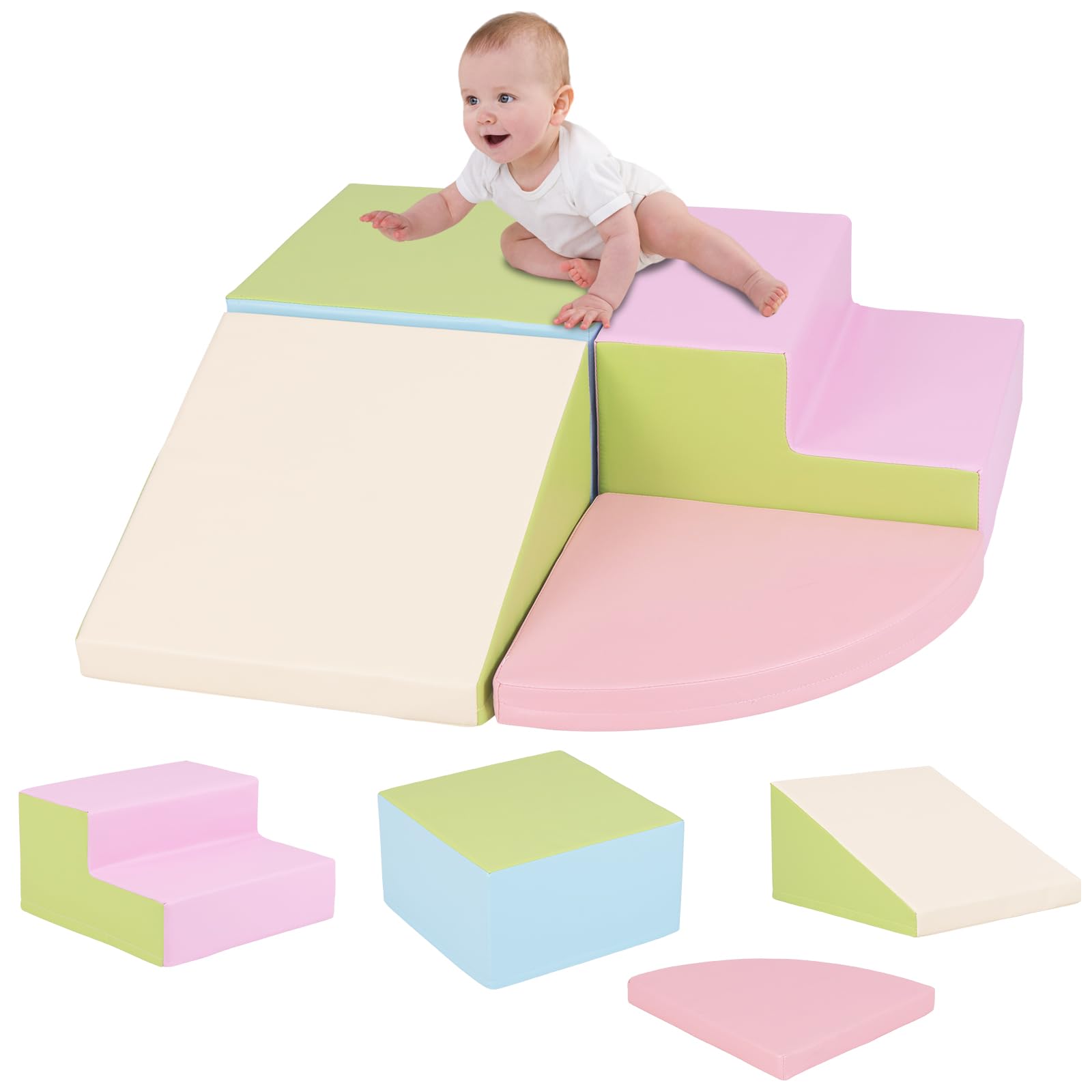 DREAMADE Module de Motricité en Mousse pour Enfant, Blocs de Construction avec Escalier et Toboggan à Différentes Formes & Couleurs, Jouets Éducatifs pour Maison, École Maternelle (Vert&Rose)