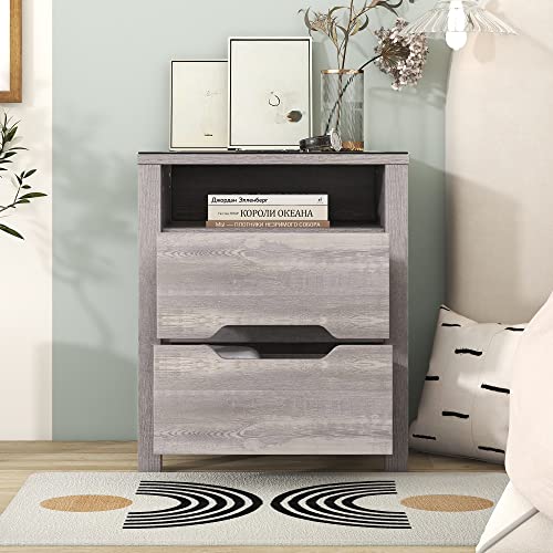 RUNNA Multifunctional Storage Nightstand with 2 Drawers and an Open Shelf, Wireless Charging with Adjustable LED, for Living Room,Bed Room (Brown-end Table 2col)