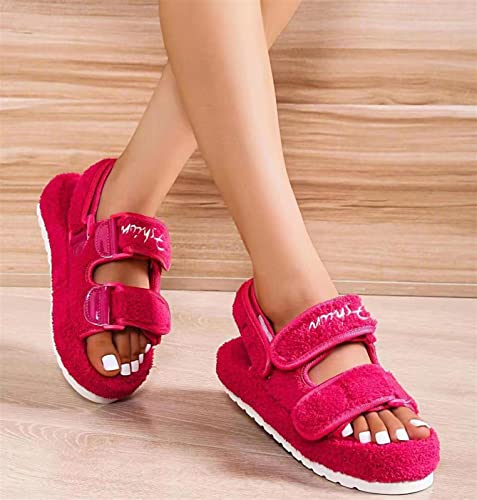 Women's Fuzzy Slides Fluffy Faux Fur Slippers Open Toe Adjustable Cork Slide Sandals with Arch Support Cozy Yoga Mat Indoor Outdoor Shoes3