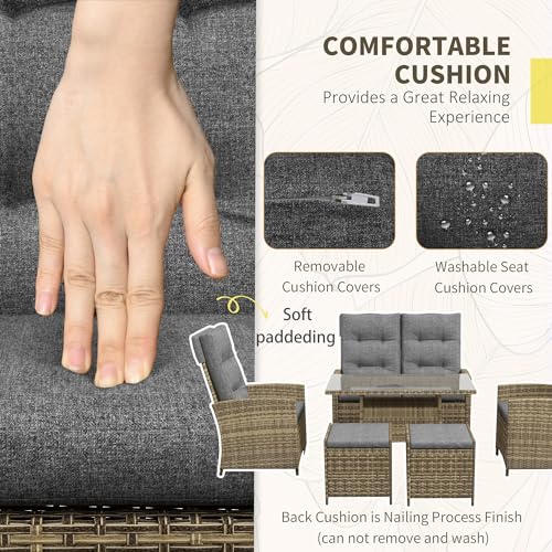 Outsunny 6 Seater Rattan Dining Set with 2 Reclining Chairs, Loveseat, 2 Stools, Rattan Garden Furniture Set with Cushions, Rectangular Glass Top Table, Aluminium Frame, Mixed Grey - Image 4
