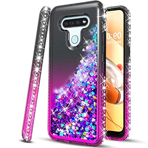 STARSHOP Compatible with LG K51 Phone Case, LG Reflect (L555DL) Phone Case, with [Tempered Glass Protector Included] - Liquid Floating Glitter Cover with Spot Diamonds - Black/Pink