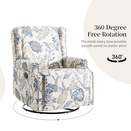 Image of Swivel Rocker Recliner Chairs Set of 2, 360 Swivel Wingback Recliner Chairs for Adults, Upholstered Printed Fabric Glider Rocking Chair with High Back, Deep Seat for Living Romm Bedroom, Plants Blue