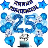 25. Juego de decoración de cumpleaños: 2 globos de 32 pulgadas, 1 juego de pancartas "Happy Birthday", 2 globos de aluminio de estrella de 18 pulgadas, 6 globos de látex azul oscuro, 6 globos de látex azul oscuro, 6 globos de 12 pulgadas, globos de látex azul claro, 4 globos de 12 pulgadas, 4 globos de látex de 12 pulgadas de color blanco Globos de fetti, 1 x Happy birthday KuchTopper