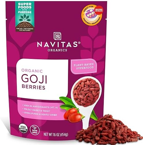 Navitas Organics Goji Berries – For Smoothies, Trail Mix, Baked Goods, Oatmeal & More – Vitamin A, Antioxidants, Fiber – Wolfberry - USDA Organic, Non GMO, Gluten Free, Vegan (16oz. Bag, 15 Servings)