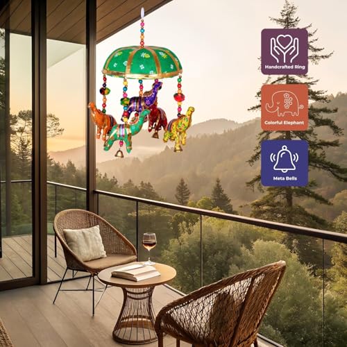 Image of Rajasthani Multicolor Elephants Jhoomer with Bell - Decorative Wind Chimes for Door & Wall Hanging, Ideal Home Decor & Gift Showpiece (Green)