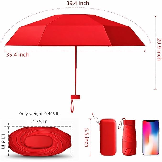 Image of TEKCOOL Travel Mini Folding Compact Umbrella with Case, Manual Open 6 Ribs Lightweight Portable, Small Sun & Rain Pocket Umbrella for Girls and Women- Use in Rain & Summer(Red)'';