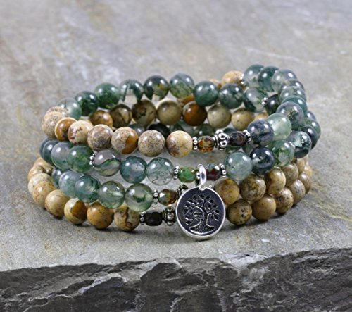 Moss Agate 108 Mala Jasper Earth Tree of Life Energy Buddhist Prayer Necklace Yoga Healing Jewelry Spiritual Gemstone Mala Beads Sterling Silver Bracelet