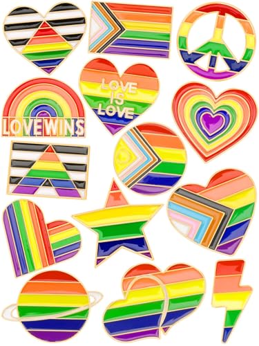 Image of JUNEBRUSHS Rainbow Pride Pins,28 Pcs Bulk LGBT Lapel Pin Gay Heart Flag Brooch Pins for Pride Parades Pride Month Gay LGBT Party Favors Clothes Bags Accessories Gifts(14 Styles)