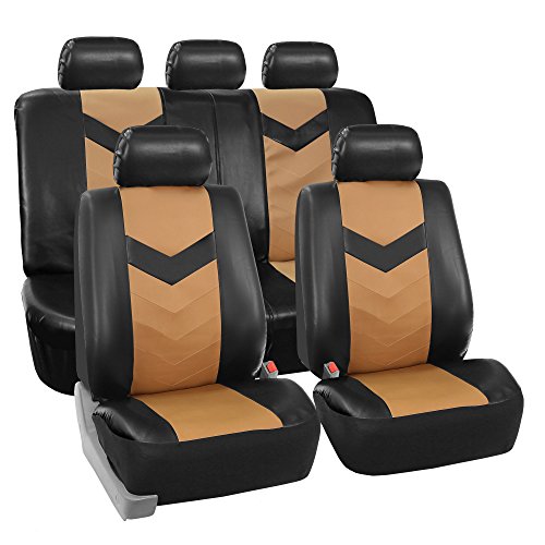 FH Group PU021115 Faux Leather Seat Cover Full Set (Tan) Full Set with Gift â€“ Universal Fit for Cars Trucks & SUVs