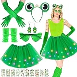 Frosch Kostüm Damen,7 Teiliges Frosch Kostüm Damen Erwachsene mit Frosch Haarreif,Haarschmuck,Tutu,Beinlingen,Ohrringe,Herzbrille Herz,Handschuhe,Perfektes für Halloween Fasching Karneval Kostüm Party