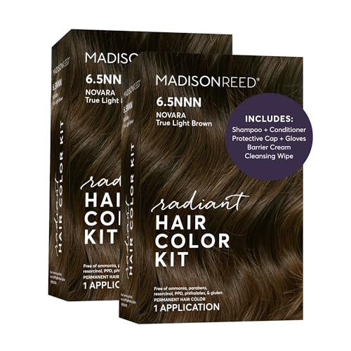 Image of Madison Reed Radiant Hair Color Kit - 6.5NNN Medium Brown with Warm Golden Undertones (Novara Light Brown), Permanent Hair Dye for Resistant Grays, 100% Gray Coverage | PPD-Free & Ammonia-Free, 2 Pack