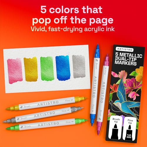 Image of ARTISTRO 5 Metallic Acrylic Paint Markers - Paint Pens for Drawing - For Fabric, Rock, Glass, Wood, Molds - Arts & Crafts Gift for Adults, Teens, Kids, Classroom Must Haves & School Supplies
