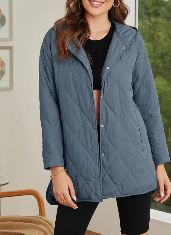 Women's Winter Quilted Jackets Casual Long Sleeve Diamond Puffer Hooded Jacket Button Outerwear Coats with Pockets - Image 2