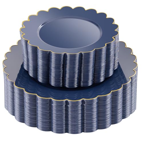 LIYH 60 Pcs Navy Blue Plastic Scalloped Plates with Gold Rim, Dark Blue Disposable Plates for Party Included 30 Dinner Plate 10.25 Inch,30 Dessert Plate 7.5 Inch Elegant Dishes Tableware
