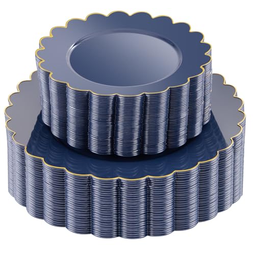 LIYH 60pcs Navy Blue Plastic Plates, Blue and Gold Plates with Scalloped Edges, Disposable Dark Blue Plates Included 30 Dinner Plates 10.25Inch,30 Dessert Plates 7.5Inch