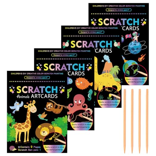Yoreva 4 Set Kratzbilder für Kinder Magisches Regenbogen Kratzpapier Kratzbuch Dinosaurier Weltraum Ozeane Tier mit Kratzstift Scratch Book für Entspannen & Dekorieren