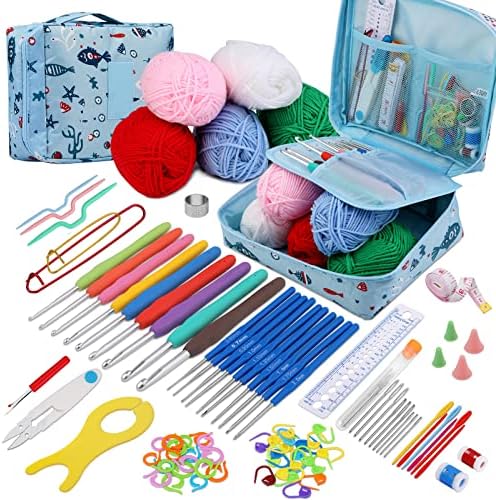 LUNARM Crochet Kit for Beginners with Crochet Yarn, 97 Pieces Knitting Kit with Full Size Ergonomic Crochet Hooks and Knitting Tool Supplies for Adult Beginner Crochet DIY Craft