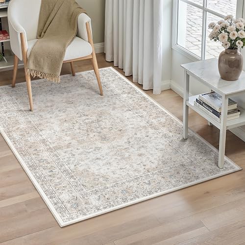 PureCozy Vintage Washable Beige Rugs for Bedroom Living Room 80x150cm, Soft Area Cream Rugs with Non-Slip Backing, Traditional Printed Low Pile for Kitchen Office Dining Room Laundry