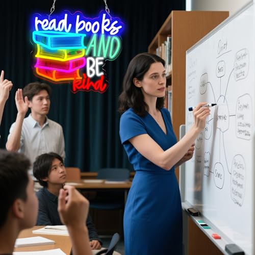 Image of LED Read Books Be Kind Neon Signs Classroom Neon Lights Wall Decor for Reading Room, Classroom, Bookstore, Library, Museum, Study Room Gifts Art for Book Lover, Kids,Friends,family-13.4 x 12.6 IN-USB Powered-Acrylic