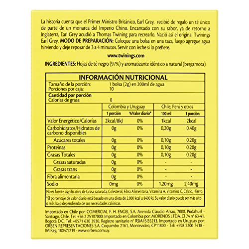 Twinings Chá Preto Earl Grey 20g (pacote de 10 saquinhos)