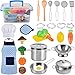 AMOYEE Giocattoli da Cucina per Bambini, 30 Pezzi Cucina Pentole Giocattolo per Bambini Taglio Cibo Verdura Acciaio Inossidabile Accessori Cucina, Grembiule e Cappello per Bambini dai 3 Anni in su