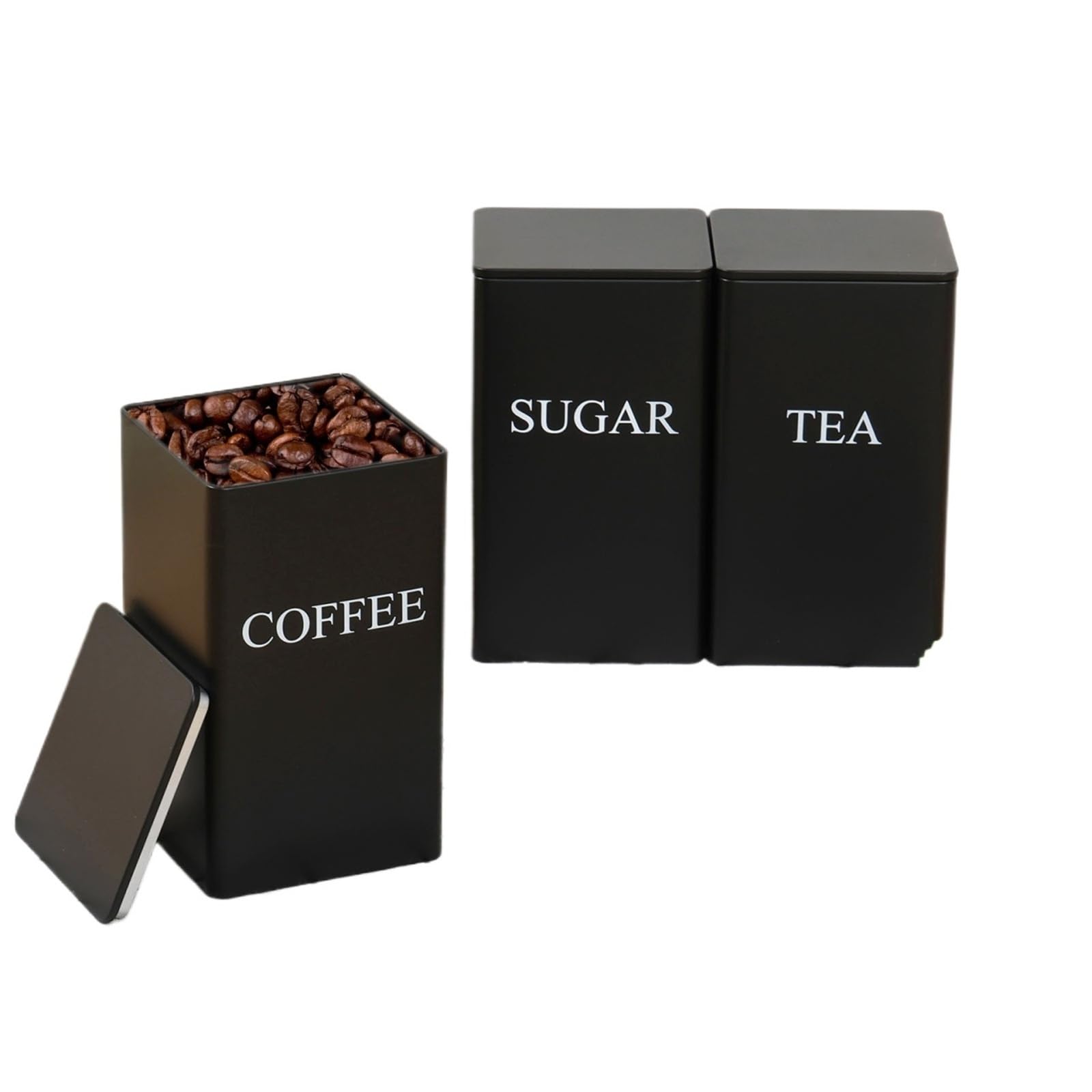 FDBTYJN Tea Caddy 3Pcs Coffee Bean Storage Canisters Tea Sugar Vacuum Sealed Jars Iron Heat Kitchen Cream Can Airtight Lid(Black2)