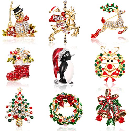 WILLBOND 9 Pieces Christmas Brooch Pin Rhinestone Crystal Christmas Brooch for Christmas Decoration