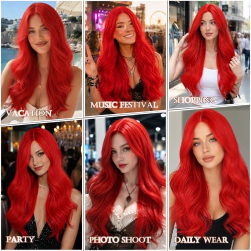 Barbique Red Synthetic Wig for Women, 24 Inch Long Wavy Synthetic Lace Front Wig, Middle Part Natural Looking Glueless Wigs Heat Resistant Hair — view 6