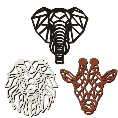 CAKIROTS 3 Pieces Safari Decor for Bedroom above Bed Jungle Theme Wood Heads of Lion, Elephant, Giraffe Decorations for African Decor, Jungle Theme Nursery Decor, Safari Nursery Decor