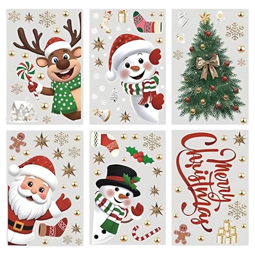 Decoraciones Navideñas Para Ventanas | Adhesivos de Santa Claus Árbol Copo de Nieve Reno Muñeco de Nieve - 6 Láminas de Decoración para Cristales Decoración Navideña para Puertas de