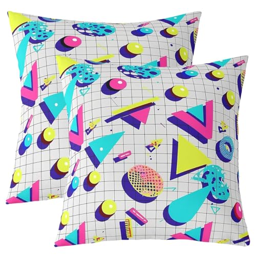 Set of 2 Retro 80s Pillow Covers 18x18,Abstract Geometric Throw Pillow Covers Urban Modern Design Circles Triangle Cushion Covers Colorful Pop Art Inspired Decorative Pillow Covers for Boys Child