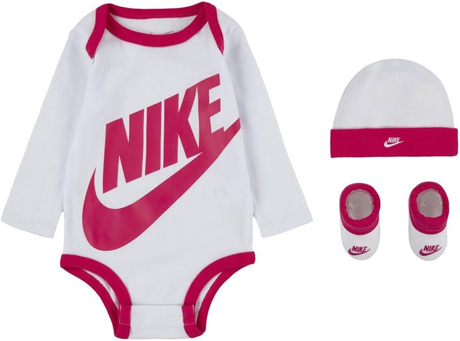 Nike Baby Long Sleeve Bodysuit, Hat and Booties 3 Piece Set (Rush Pink(LN0134-A9P)/White, 6-12 Months)