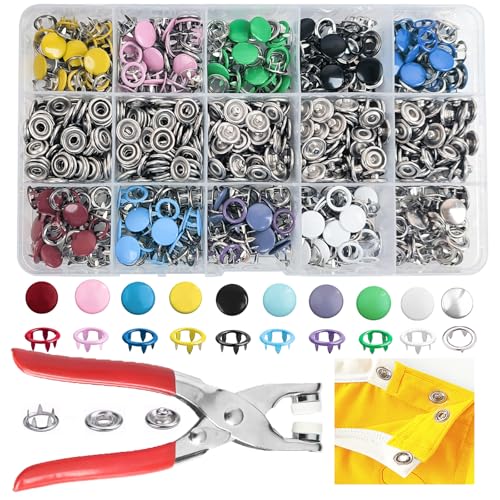GTAAOY 800PCS Metal Snaps Buttons with Fastener Pliers Press Tool Kit Perfect for DIY Crafts Clothes Hats and Sewing, Snap Button Fasteners Kit for Clothing Sewing(200 Sets,10 Colors,9.5mm)