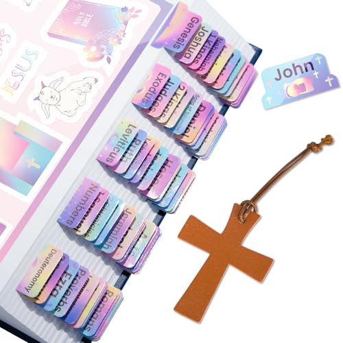 Image of Bible Tabs with Cross Bookmark, Rainbow, Large Print, Plastic, 2 Count