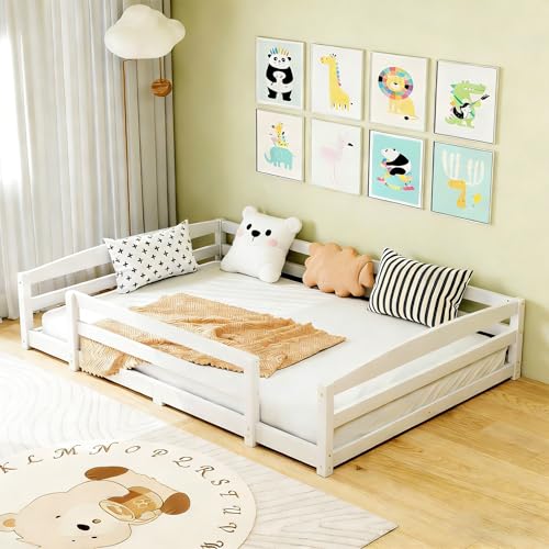 Ryuhic 190 x 90 cm Toddler Floor Bed Fits UK Single Mattress Montessori Inspired Low Frame with Safety Rails and 2 Side Openings Solid Pine Wood Childrens Bed Frame for Toddlers 1-3 Years Old